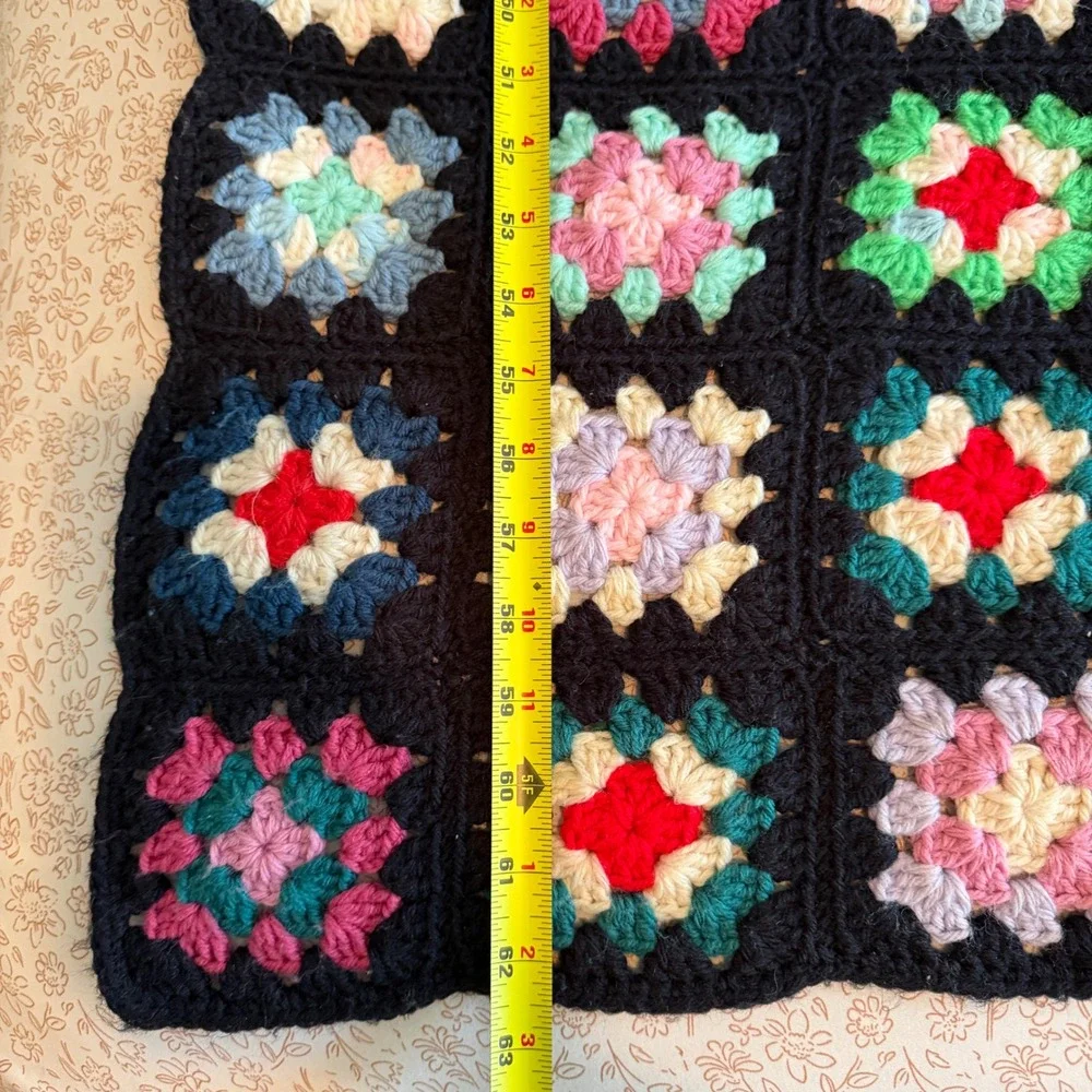 Vintage Handmade Crochet Granny Square Blanket Multi Color Black Afghan 62x50